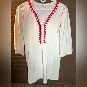 Boden White Tunic with Red Pom-Pom Trim